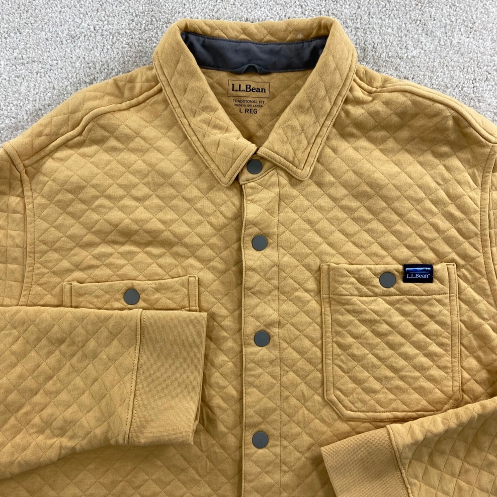 LL Bean Quilted Shirt Jacket Mens Large Mustard Yellow Snap Traditional Fit - Picture 1 of 10